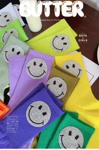 Calzini al polpaccio in cotone con strass smiley colorati moda donna trendy