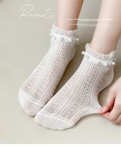 Chic white lace socks with delicate pearl cuffs, breathable mesh ankle socks for sweet summer style.