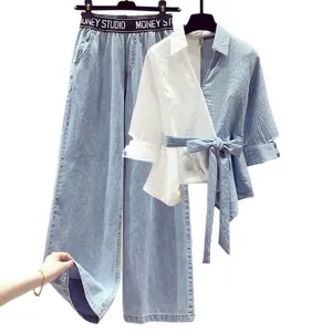 Completo due pezzi primaverile da donna taglie forti camicia patchwork e pantaloni denim