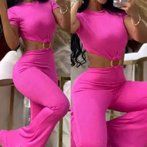 Sexy pink ribbed cutout jumpsuit for women, featuring a round neck and flared legs design.