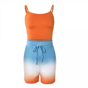 Women Summer Casual Two Piece Outfit Orange Camisole And Colorful Gradient Shorts