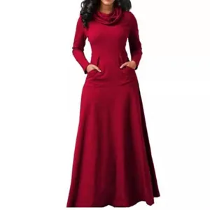 Abito lungo rosso donna manica lunga tinta unita collo morbido tasche inverno maxi