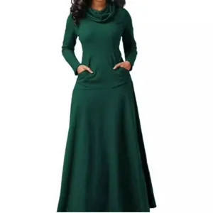 Abito maxi tinta unita a maniche lunghe con collo a cascata e tasche per donna inverno