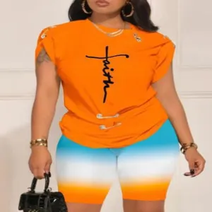 Ensemble de loisirs d'été pour femmes, t-shirt à motif orange et short dégradé.