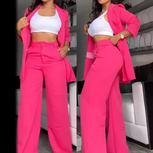 Elegante Mujer Color Sólido Poliéster Blazer Parte Superior e Inferior Conjunto Solapa Mangas Abiertas Chaqueta de Traje Con Pantalones Rectos