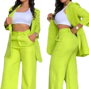 Conjunto De Traje Blazer Verde Neón Mujer Chaqueta Solapa Manga Abertura Pantalón