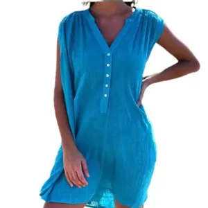 Women Summer V-Neck Sleeveless Button-Down Casual Beach Mini Dress Blue Main View