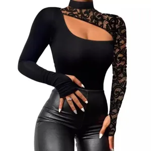Sexy off-shoulder lace irregular long sleeve halter black t-shirt for women stylish apparel