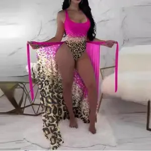 Sexy leopard tie-dye one-piece swimsuit with matching long wrap skirt for women beach summer
