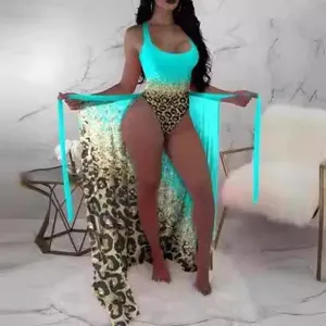 Women one-piece swimsuit leopard print turquoise gradient beach swimwear sexy bathing suit dress