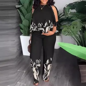 Completo da Donna Taglie Forti 2 Pezzi Poliestere Girocollo Perline Spalle Scoperte Manica Raglan Top e Pantaloni Lunghi Stampati