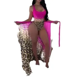 Women one-piece swimsuit pink leopard print swimwear with sarong beachwear summer sexy