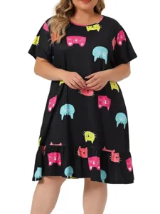 Plus size casual short sleeve cute cat print dress comfortable summer nightgown womens