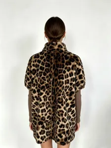 Women stylish leopard print faux fur coat autumn winter casual loose plush outerwear jacket.