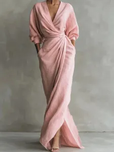 Elegant solid V-neck long sleeve split waist pocket maxi dress with slim fit design.