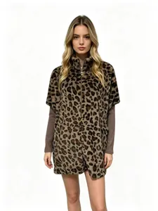 Faux rabbit fur leopard print cardigan autumn winter women stylish casual coat top