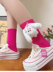 Cute plush rabbit mid-calf socks with sweet pink design, comfortable cotton fashion hosiery.