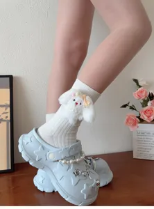 Cute plush bunny long socks with pearl decor, soft cotton daily wear, sweet pink white style.