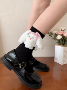 Cute fluffy rabbit plush mid-calf socks detail shot, soft cotton daily wear, sweet cute style.