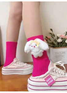 Cute 3D plush rabbit long socks with pink platform sneakers detail display and sweet style