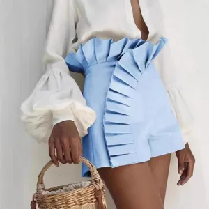 Women Summer High Waist Ruffle Pleated Shorts Fashion Casual Chic Solid Color Bottoms
