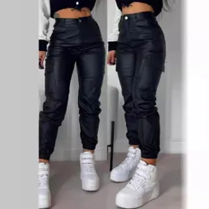 Women black PU leather cargo pants high waist casual slim fit jogger trousers with pockets main view