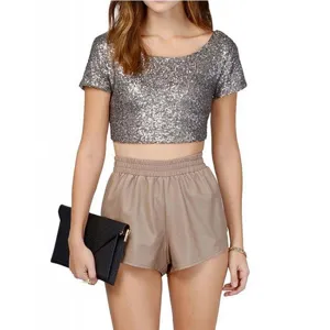 Women silver sequin crop top and beige shorts set short sleeve sexy party clubwear fashion