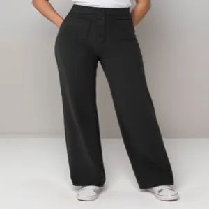 Women High Waist Straight Leg Pants Casual Multi Pocket Button Front Trousers Elastic Solid Color Fashion Office Trousers Bottoms