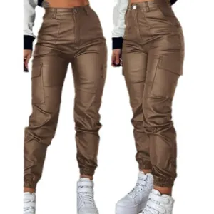 Women faux leather cargo pants stylish high waist slim fit trousers with pockets for daily wear.