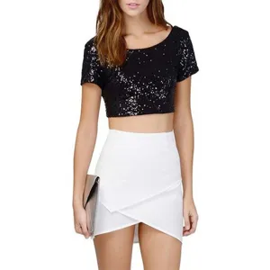 Sexy sequin crop top with white mini skirt for women summer fashion streetwear outfit.