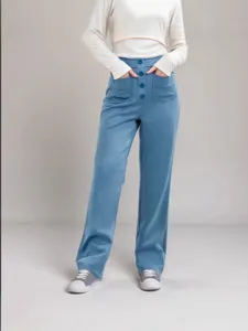 Women's high waist straight leg trousers casual multi pocket button front blue pants
