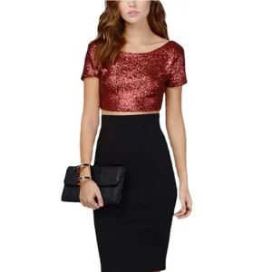 2025 Women Sequins Crop Top Sexy Backless Short Sleeve Tee High Waist Pencil Skirt