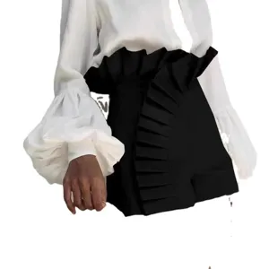 Women high waist pleated ruffle shorts with white lantern sleeve blouse summer fashion outfit