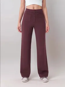 Women high waist straight leg casual pants with pockets, stylish spring summer trousers.
