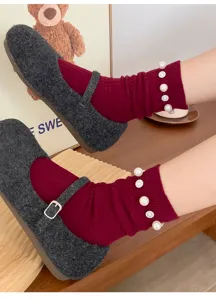 Chaussettes mi-hautes côtelées perles strass femme, automne hiver mode élégantes.