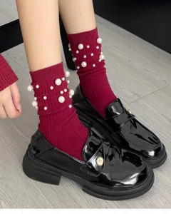 Women pearl ribbed mid-tube socks fashion stacked cute casual hosiery footwear accessories