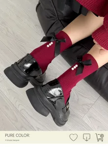 Cute Japanese style women socks with black bow pearls and chunky leather shoes for autumn winter.