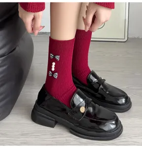 Sweet plaid bow women socks autumn winter college style pearl socks matching leather shoes