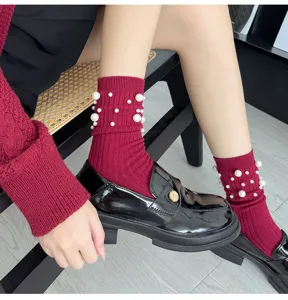 Chic women pearl knit mid-calf socks trendy fashion hosiery comfortable autumn winter wear