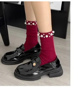 Exquisite pearl rhinestone mid-tube socks detail shot, showcasing trendy anchora red style.