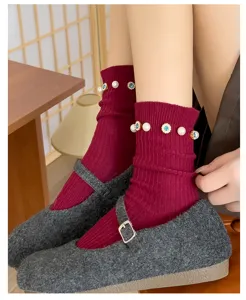 Women stylish burgundy ribbed mid-calf socks with pearl rhinestone floral decor winter wear
