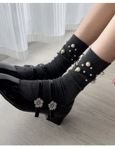Women's autumn winter pearl embellished mid-calf socks fashion knit slouchy socks detail view