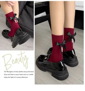 Women cute sweet college style wine red mid tube socks with back bow and pearls fashion