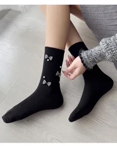 Sweet black mid-calf socks featuring cute plaid bows and faux pearls, cozy cotton daily wear.