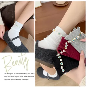 Women autumn winter mid tube socks with elegant pearls and sparkling rhinestones for shoes
