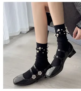 Women pearl mid-calf socks detail autumn winter fashion sweet black socks Mary Jane shoes