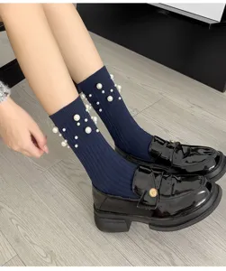 Women pearl beaded mid-tube socks trendy cotton socks autumn winter versatile stack socks