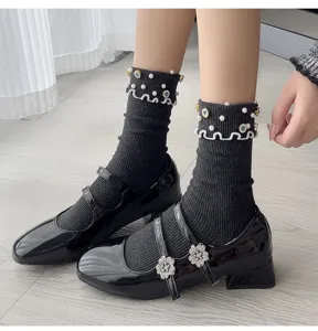 Black pearl rhinestone ruffle mid-tube socks for women cute sweet stylish casual hosiery