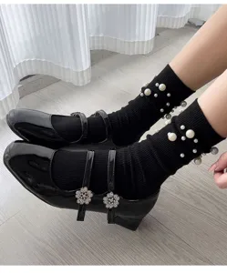 Women black pearl mid-calf socks stylish ribbed knit fashion hosiery elegant daily wear
