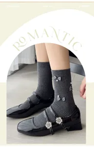 Korean style sweet bow pearl mid-tube socks matching black leather shoes for women stylish daily wear